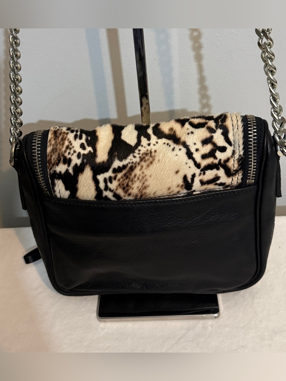 Zara Basic Hair on Hide Leather Black Cream Leopard Print Cowhide Crossbody Bag - Picture 3 of 16